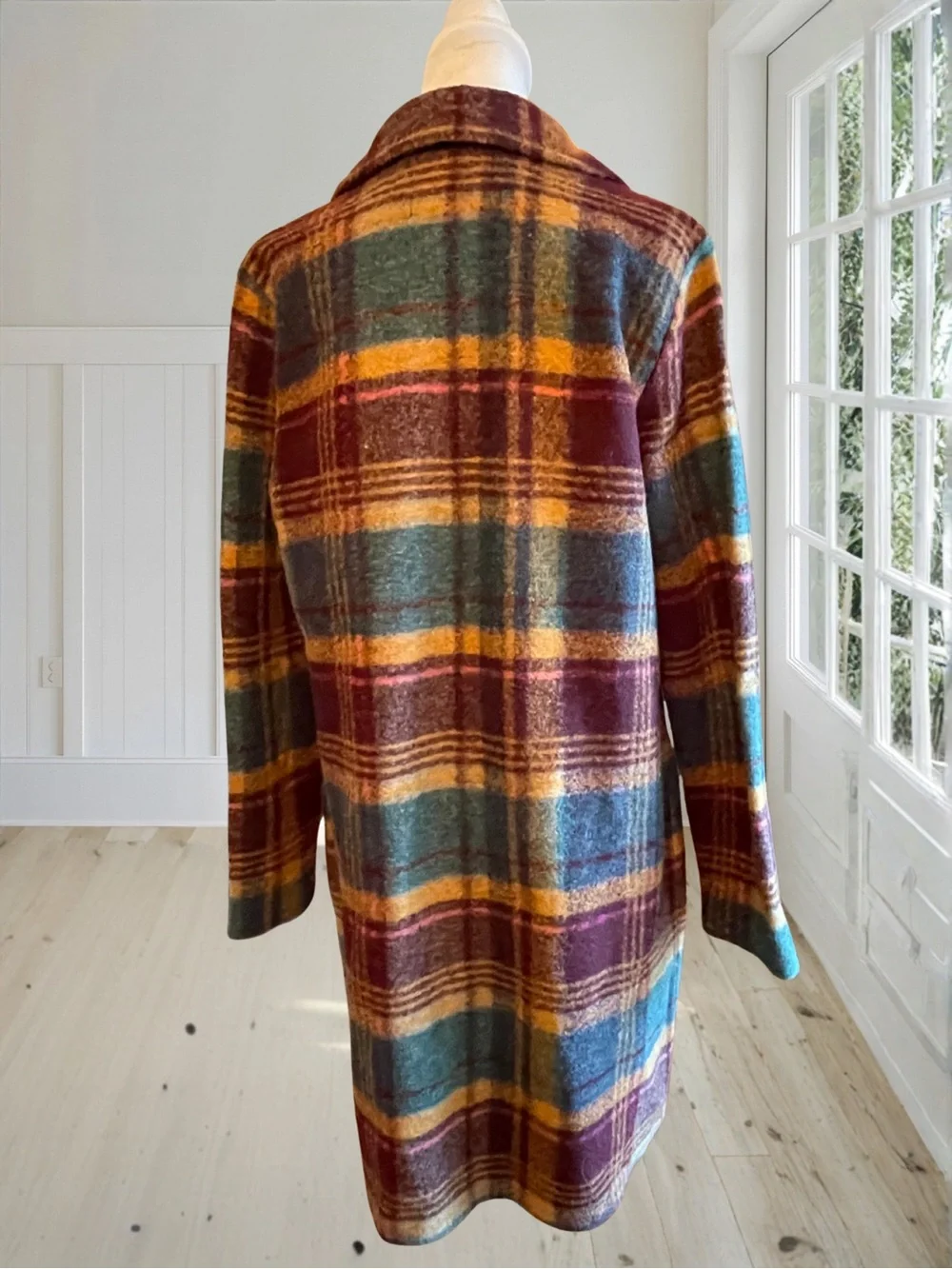 RACHEL ZOE Womens Large Plaid Wool Blend Overcoat NWOT Teal Gold Burgundy Coat - Picture 6 of 14